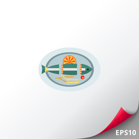 Vector icon of cut fish with orange slice and French fries on plateのイラスト素材