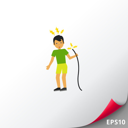 Illustration of man getting electric shock from cable. Accident, electricity, danger. Electric shock concept. Can be used for topics like electricity, accident, work safetyのイラスト素材