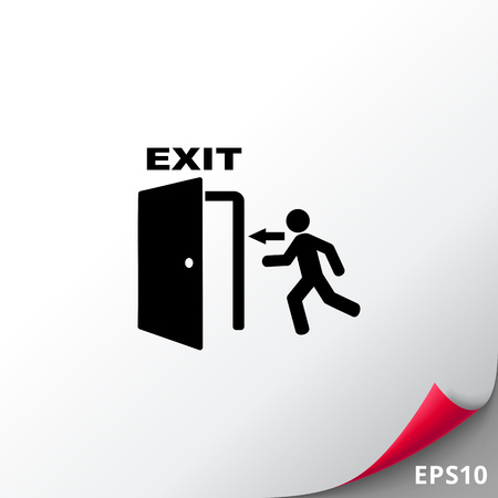 Monochrome vector icon of man running into open door representing emergency exitのイラスト素材