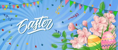 Easter lettering, eggs, flowers and flagsのイラスト素材