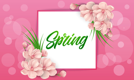 Spring lettering with frame and flowersのイラスト素材