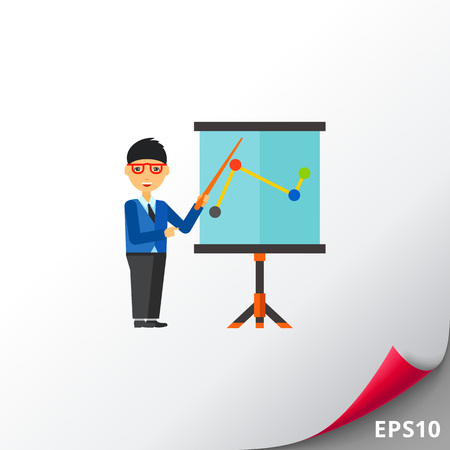 Businessman in glasses standing at flipchart and pointing at chart. Business coaching, lecture, seminar. Training concept. Can be used for topics like business, education, advanced trainingのイラスト素材