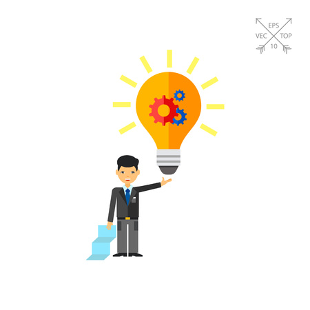 Illustration of businessman holding glowing light bulb with gear wheel. Creativity, business, idea and man. Creativity concept. Can be used for topics like business startup, business ideas, creativityのイラスト素材