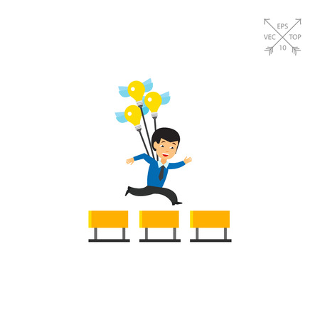 Happy businessman jumping over barriers carried by winged lightbulbs. Inspiration, ambition, business ideas. Solution concept. Can be used for topics like business, startup, creativity in businessのイラスト素材