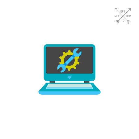 Blue laptop with cog and spanner on screen. Computer maintenance, IT support, connection setting. Repair concept. Can be used for topics like technology, computers, service industryのイラスト素材