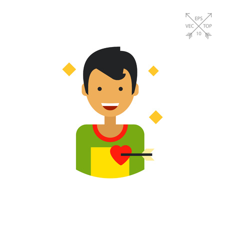 Multicolored flat icon of happy male character portrait with heart pierced with love arrowのイラスト素材