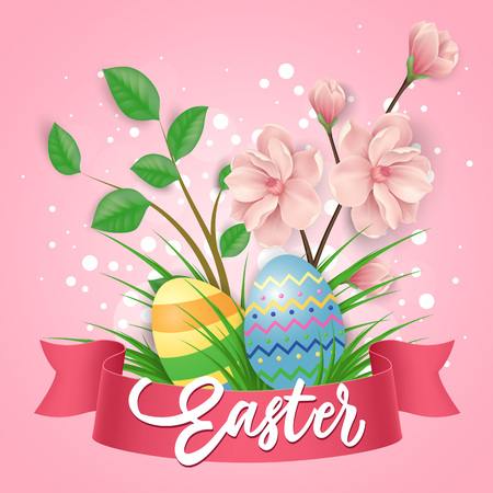 Easter with cherry flowers and eggsのイラスト素材