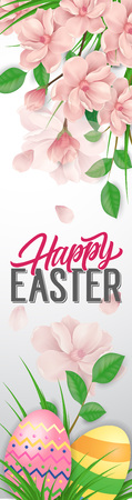 Happy Easter lettering with pink flowersのイラスト素材