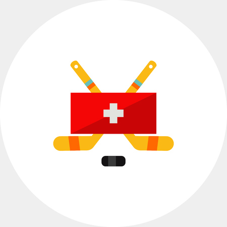 Vector icon of two crossed hockey sticks, puck and Swiss flag. Swiss hockey team, patriotism, hockey championship. Switzerland concept. Can be used for topics like sport, Swiss culture, team sportのイラスト素材