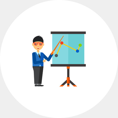Businessman in glasses standing at flipchart and pointing at chart. Business coaching, lecture, seminar. Training concept. Can be used for topics like business, education, advanced trainingのイラスト素材