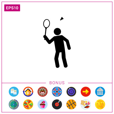 Man with battledore and shuttlecock. Badminton, game, leisure activity. Sport game concept. Can be used for topics like sport, sport games, leisure activitiesのイラスト素材