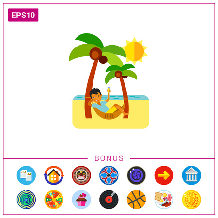 Illustration of man relaxing in hammock between palm trees. Beach, vacation, sun, sea. Beach concept. Can be used for topics like vacation, leisure activity, holidayのイラスト素材