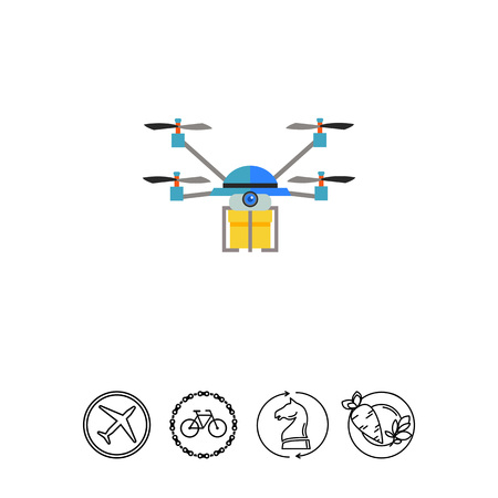 Multicolored flat icon of quadrocopter drone delivering yellow boxのイラスト素材