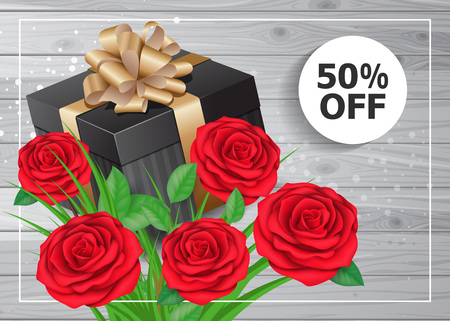 Fifty Percent off lettering on wooden planks with gift and roses. Typed text. For posters, banners, leaflets and brochures.のイラスト素材