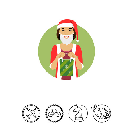 Female character, portrait of smiling woman wearing Santa costume, holding green gift bagのイラスト素材