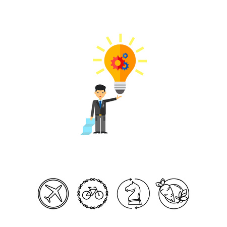 Illustration of businessman holding glowing light bulb with gear wheel. Creativity, business, idea and man.のイラスト素材