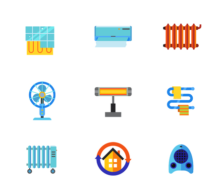 Heating cooling systems icon set. Heating floor Air conditioner Radiator Fan Electric heater Heated towel rail Flat oil heater Air conditioner house Fan heaterのイラスト素材