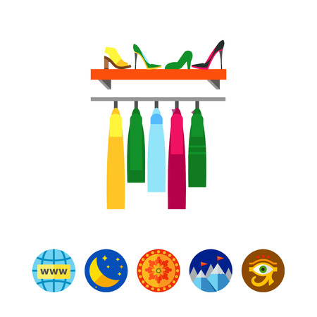 Vector icon of rack with clothes and shoes. Fashion shop, wardrobe, cloakroom. Fashion show concept.のイラスト素材