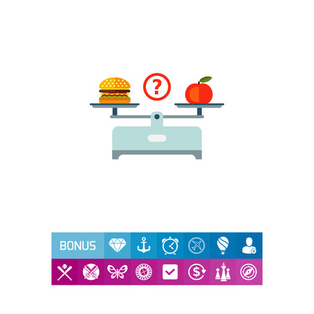 Vector icon of hamburger and red apple on scales cupsのイラスト素材