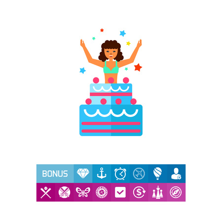 Icon of woman jumping out of cake. Surprise, birthday, anniversary. Celebration concept. Can be used for topics like party, entertainment, showのイラスト素材