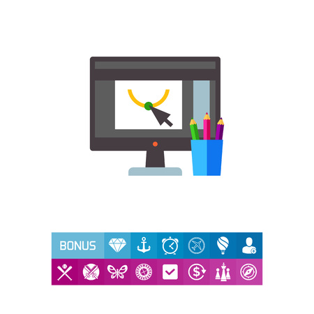 Icon of graphic design. Computer monitor, graphic editor, colorful pencils. Designer concept. Can be used for topics like technology, software or workspaceのイラスト素材
