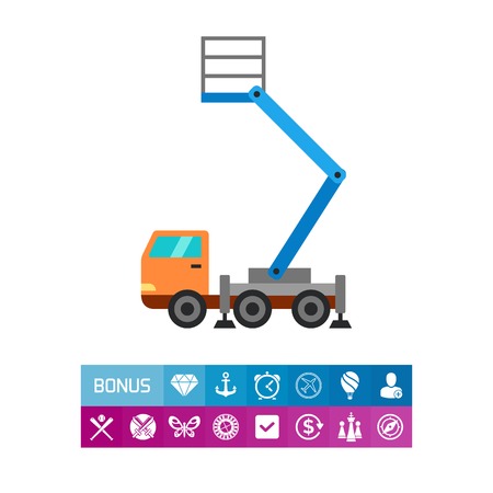 Vector icon of bucket truck. Crane car, erection works, cherry picker. Building equipment concept. Can be used for topics like construction, transport, maintenanceのイラスト素材