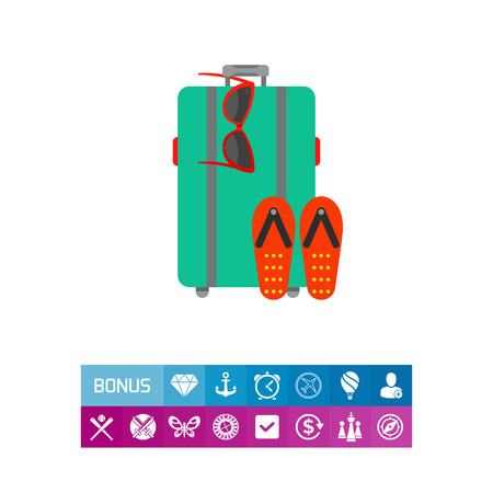 Vector icon od green suitcase with flip flops and sunglasses. Luggage, holiday, summer vacation. Vacation concept. Can be used for topics like travel, tourism, recreationのイラスト素材
