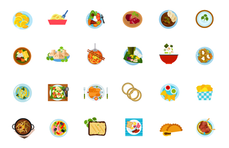 Traditional food icon set. Dumpling Noodle Sobrebarriga Sudada Basturma Beef Goulash Bechamel Sause Khinkali Nam Ngiao Laulau Miso Soup Boxty Gado-Gado Chicken Onion Rings Tortilla Chips Hariraのイラスト素材