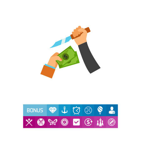 Icon of robber with knife and money. Burglar, stealing, threat. Ghetto concept. Can be used for topics like criminal, hooligan, banditのイラスト素材