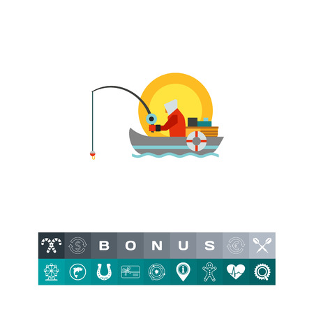 Fisherman with fishing rod in boat. Fish, hobby, equipment. Fishing concept. Can be used for topics like summer, vacation, fishing.のイラスト素材