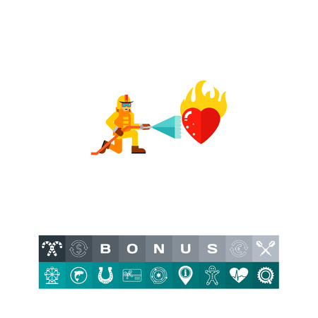 Firefighter extinguishing burning heart with stream of water. Saving, addiction, high temperature. Passion concept. Can be used for topics like firefighting, love, romance.のイラスト素材