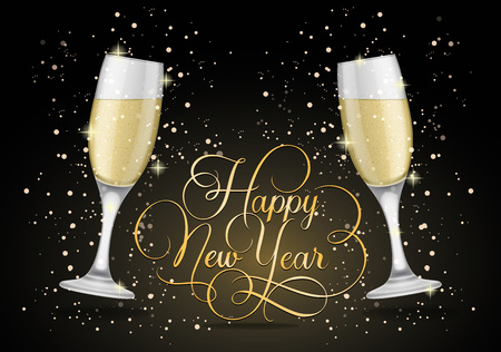 Happy New Year lettering. New Year Day greeting card with two glasses of champagne. Handwritten text, calligraphy. For greeting cards, posters, leaflets and brochures.のイラスト素材