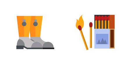 Fishing icon set. Fisherman Catch Fish Hook Fishing Pot Lure Bucket Axe Logs Folding Stool Rubber Boots Matches Chopping Logのイラスト素材