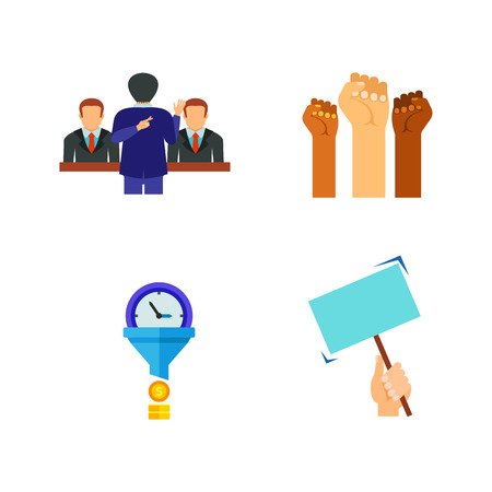 Elections and business icon set. Voting Vote paper Honest fraud Riot Break Debate Time is money Protest Posters Fire torch Election campaign Peace gesture Graph Counting of votes Targeting Ballot boxのイラスト素材