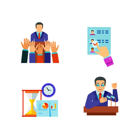 Elections and time management icon set. Voting for candidate Vote paper Honest fraud Protest Time management Election campaign Time is money Targeting Posters Counting of votes Debate Ballot boxのイラスト素材