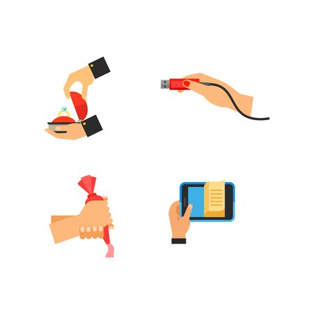 Hands holding different objects icon setのイラスト素材