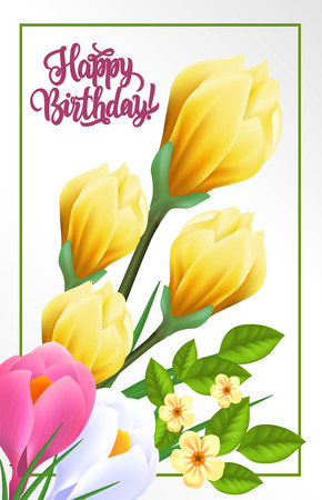 Happy Birthday lettering. Blossom background with spring flowers. Handwritten text, calligraphy. Can be used for greeting cards, posters and leafletsのイラスト素材