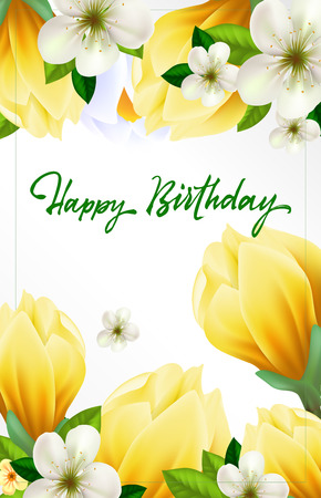 Happy Birthday lettering. Beautiful greeting card with wish and spring flowers. Handwritten text, calligraphy. Can be used for flyers, posters and leafletsのイラスト素材