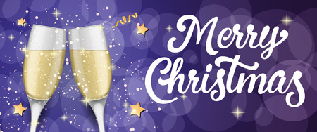 Merry Christmas lettering with champagne flutes, stars and streamer on purple background. Holiday, celebration, festivity. Party concept. Can be used for greeting cards, posters, leaflets and brochureのイラスト素材