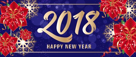 Happy New Year 2018 lettering in frame. New Year day greeting card with poinsettia flowers. Handwritten and typed text, calligraphy. For greeting cards, posters, leaflets and brochures.のイラスト素材