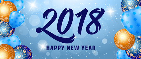 Happy New Year 2018 lettering. New Year day greeting card with balls. Handwritten and typed text,...