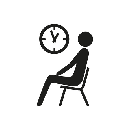 Simple icon of man sitting under clock. Station concourse, waiting room, job interview. Railway station concept. Can be used for topics like transportation, service, businessのイラスト素材