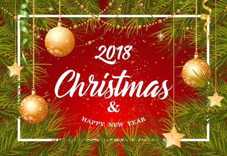 2018 Christmas and Happy New Year lettering. Calligraphic inscription with golden tree toys on red background. Handwritten text, calligraphy. Can be used for greeting cards, posters and leafletsのイラスト素材