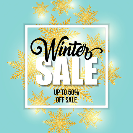 Winter sale, up to fifty percent lettering in frame with snowflakes on light blue background. Inscription can be used for leaflets, festive design, posters, bannersのイラスト素材