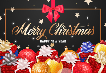 Merry Christmas and happy New Year lettering on black background with baubles and present boxes. Calligraphic inscription can be used for greeting cards, festive design, posters, banners.のイラスト素材