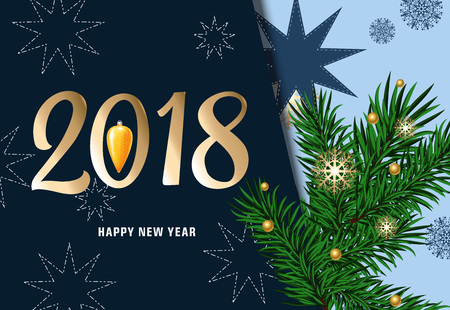 Happy New Year and twenty eighteen lettering on blue background with snowflakes and fir sprigs. Calligraphic inscription can be used for greeting cards, festive design, posters, banners.のイラスト素材