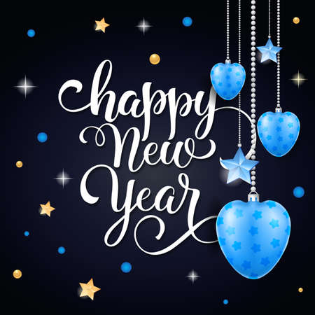 Happy New Year Lettering with Blue Baubles Vector illustration.のイラスト素材