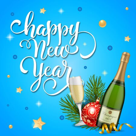 Happy New Year Lettering with Champagne Vector illustration.のイラスト素材