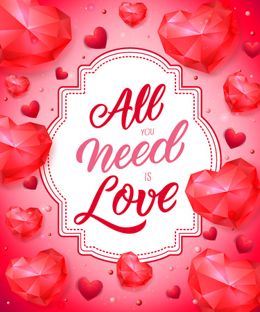 All you need is love lettering on tag with ruby hearts on pink background. Inscription can be used for greeting cards, festive design, posters, banners.のイラスト素材