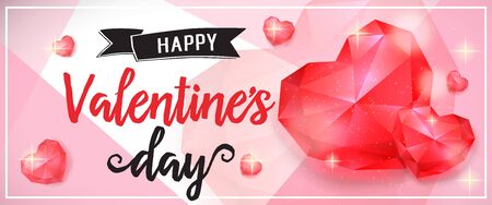 Happy Valentines day lettering in frame with origami hearts on abstract pink background. Calligraphic inscription can be used for greeting cards, festive design, posters, banners.のイラスト素材